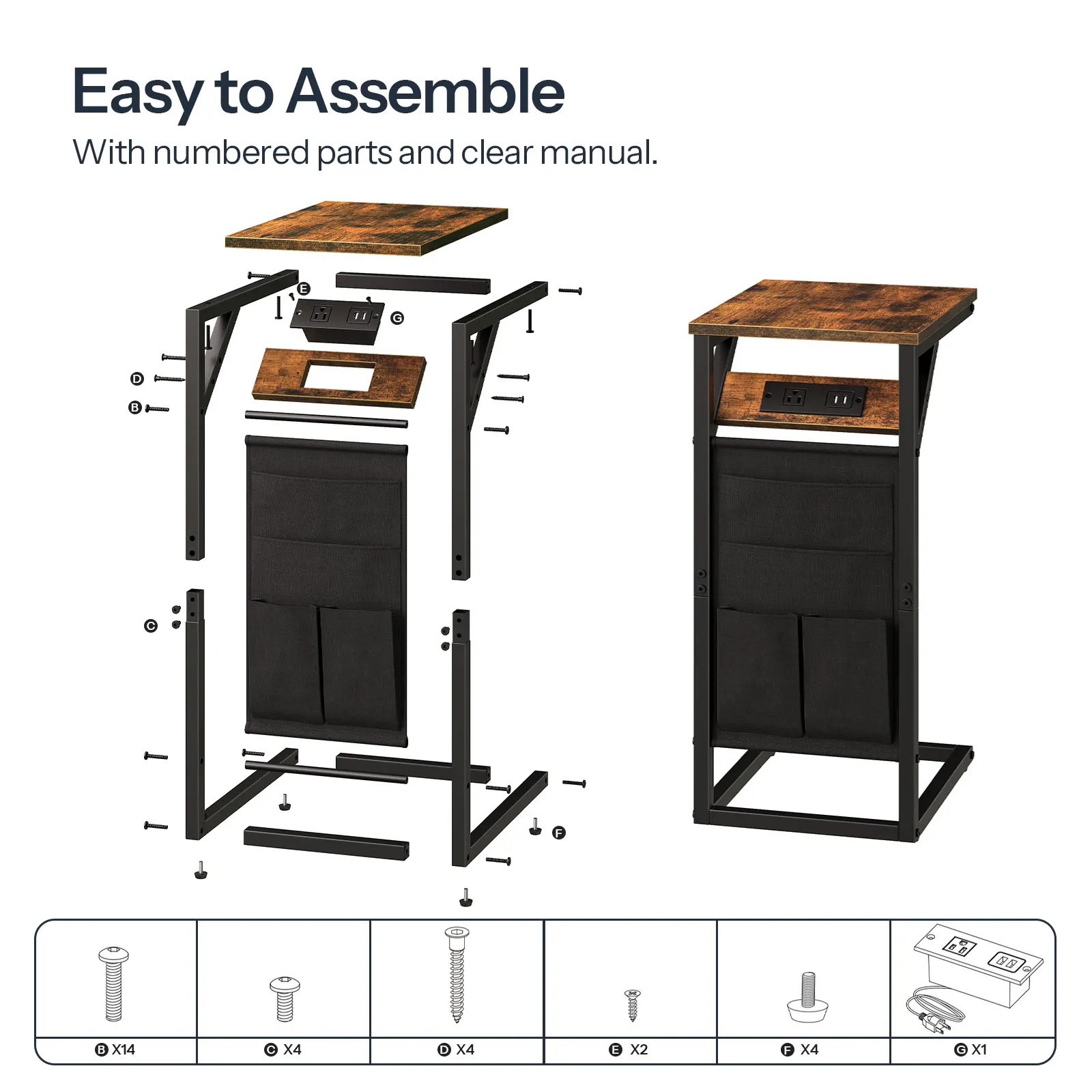 Wholesale Industrial Style Wood Sofa C Shaped Console Table with Charging Station C Shaped Side End Table with Wheels Storage