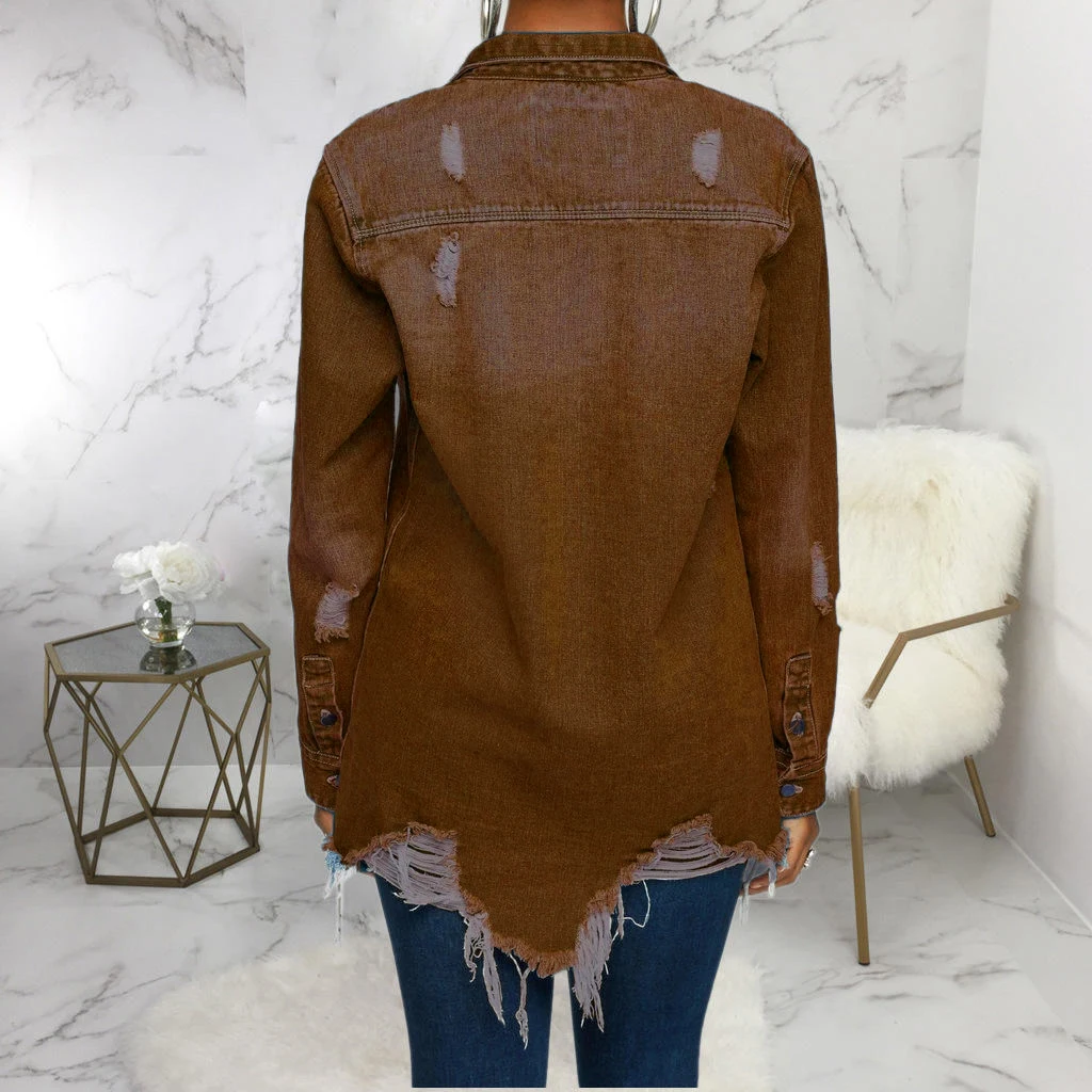 Hot Selling Women's Casual Long Sleeve Denim Shirts Loose Fit Ruffled Collar Solid Pattern Blouse Top Direct Wholesales details