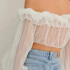 Ladies Frill Detail Crop Blouse Custom Off Shoulder Balloon Sleeve Ladies Casual Sheer Blouse