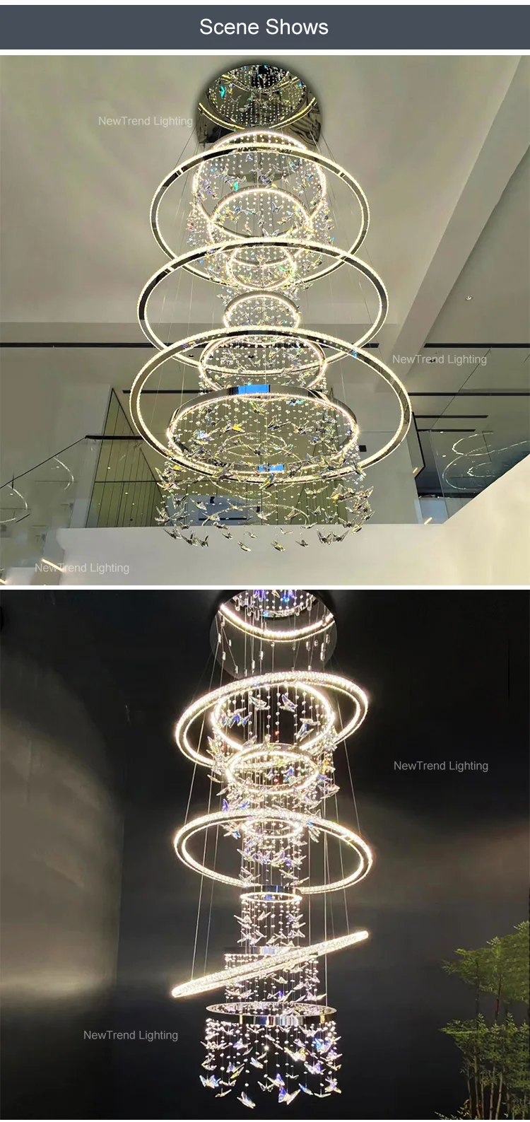 CPL-385 Luxury Custom Lighting Indoor Decoration Hotel Lobby Villa Staircase Ring Butterfly Crystal Led Chandelier supplier