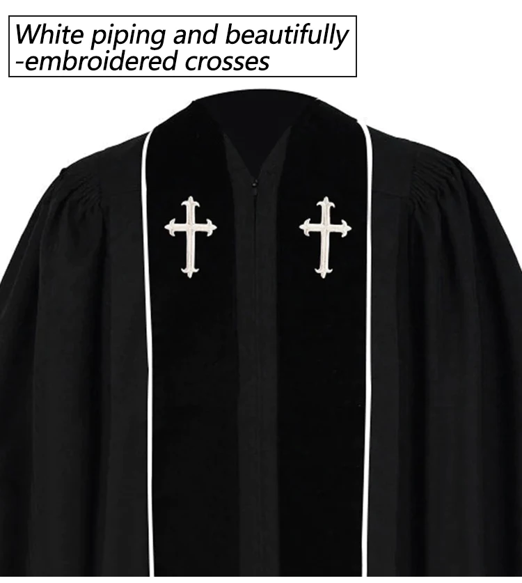 Custom Matte Black John Wesley Cross Clergy Robes Choir Robes With Trimming Velvet Panels details