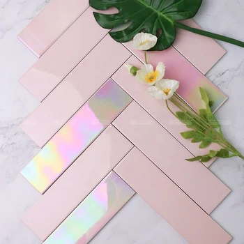 65*265mm Rainbow Iridescent Long Subway Pink Ceramic Bathroom Wall Tile For Backsplash Kitchen Restaurant Hotel Project