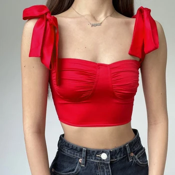 New Arrivals Red Pleated Elegant Lace Up Bow Tank Tops Ladies Slim Off Shoulder Cute Crop Top For Women