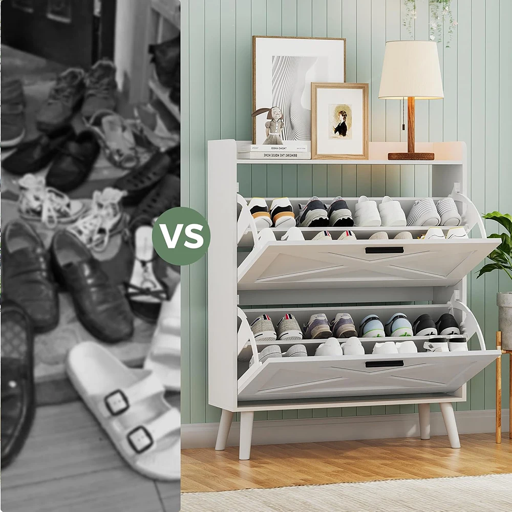 32\" Modern Farmhouse White Shoe Storage Cabinet 2 Flip Drawers Barn Door Design Adjustable Shelves Slim Narrow Shoe Rack factory