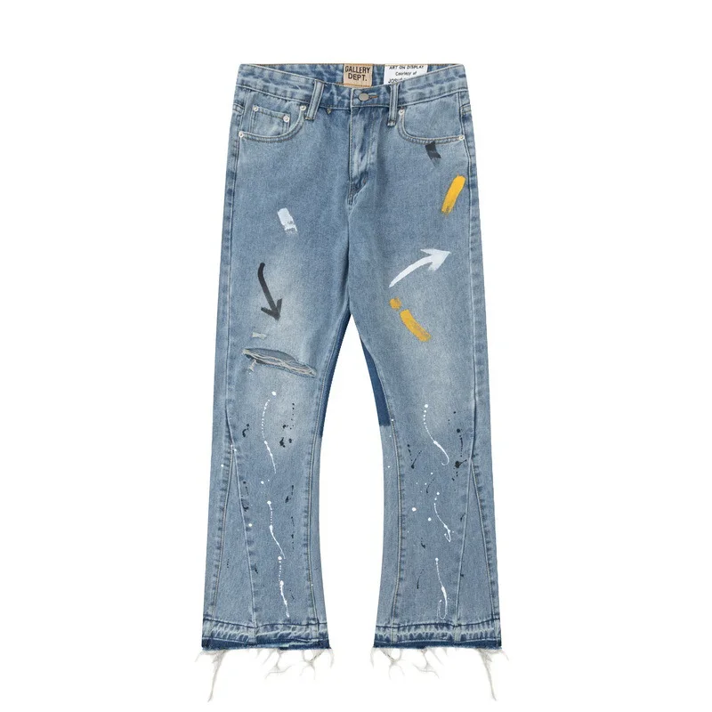 Hot Selling High Street Designer Jeans Flared Ink Print for Men Women Fashion Hip-hop Style Loose Straight Pants Made Denim supplier