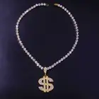 18k Gold Plated Rhinostone Cuban Chain Dollar Sign Money Tennis Necklace Men