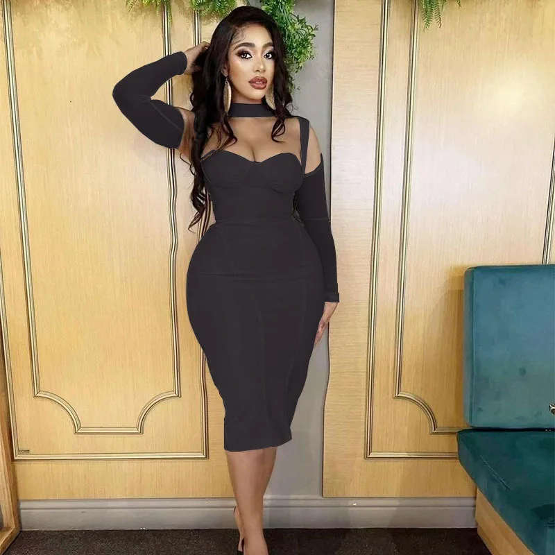 New arrival women's solid color sexy breast-wrapped evening dress mesh splicing hip-covering slit long-sleeved dress