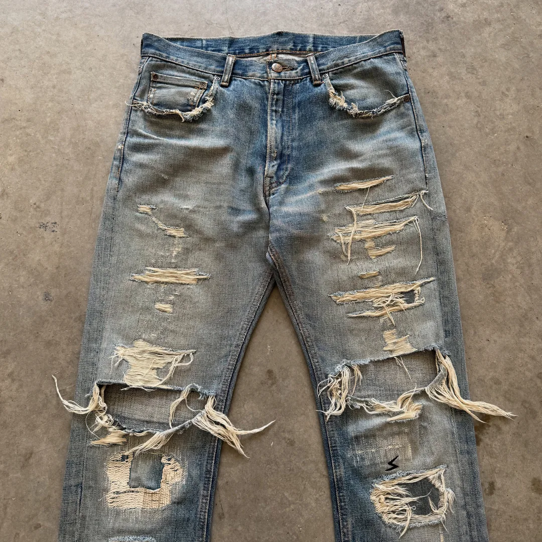 product oem clothing manufacturer men light blue heavy ripped flare denim pants streetwear distressed jeans wholesale-2