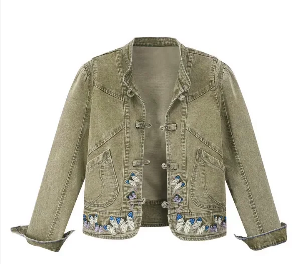 New Chinese Style Embroidered Stretch Denim Jackets Customized Button Women's Short Jacket Top Loose supplier