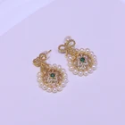 Gold Earrings High Quality 14k Gold Note Natural Pearl Bow Circle Green Stone Jewelry Stud Earrings