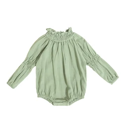 Lovely linen blend baby rompers ruffle neck elastic cuff infant bodysuit comfortable jumpsuit