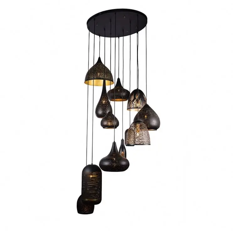 Round High Ceiling Lamp New Hotel Black Light Decorative Bar Metal Glass Pendant Lighting Chandelier