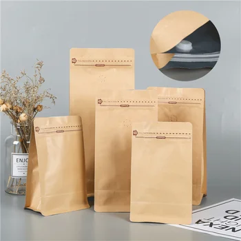 Custom Craft Coffee Been Bag Food Grade Valve Gravure Printing Eight Side Seal Flat Bottom Kraft Paper Coffee Bag With Zipper