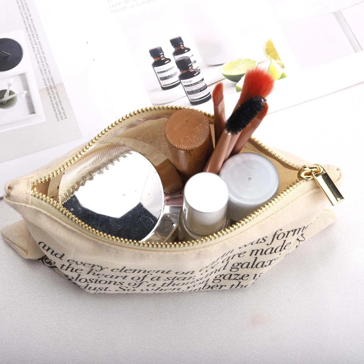 Eco-friendly Natural Cotton Zipper Cosmetic Brush Storage Bag Reusable Custom Logo Printed Muslin Cotton Makeup Pouch