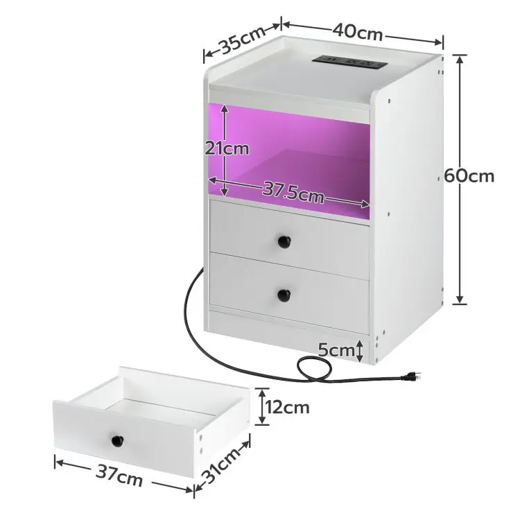 Modern White Wooden 1/2 Drawer Bedside Table Wooden LED Nightstand Bedside Table With Charging Station And Usb Ports For Bedroom