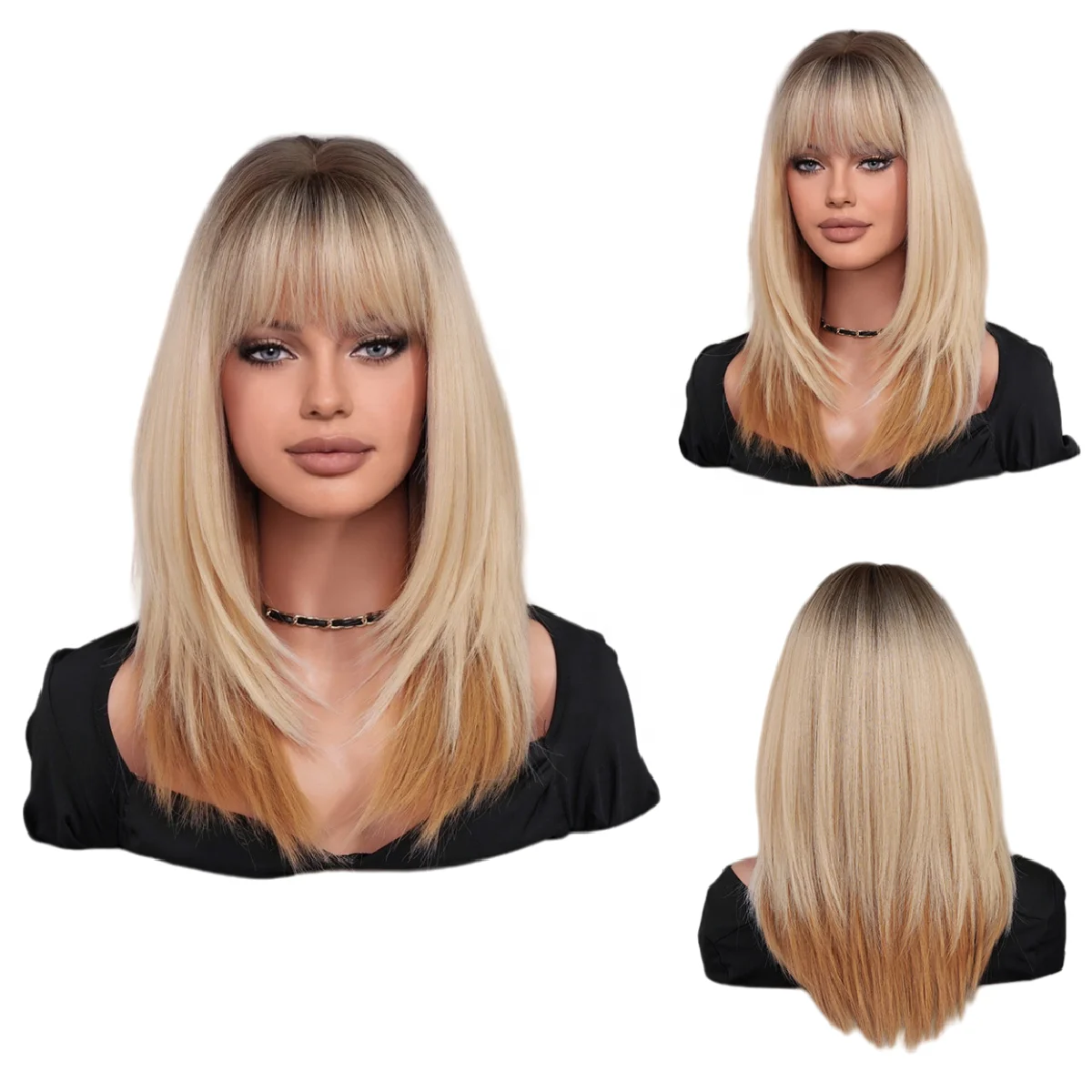 Wh17 Medium Length Straight Layered Synthetic Wigs Ombre Blonde With