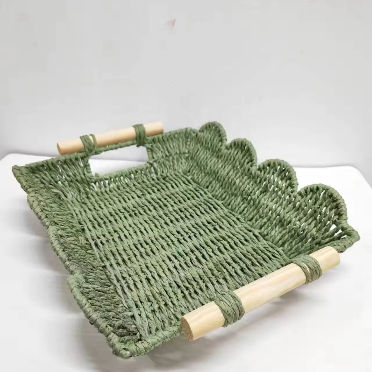 Hand woven small wicker basket, circular paper rope storage basket, with wooden handle