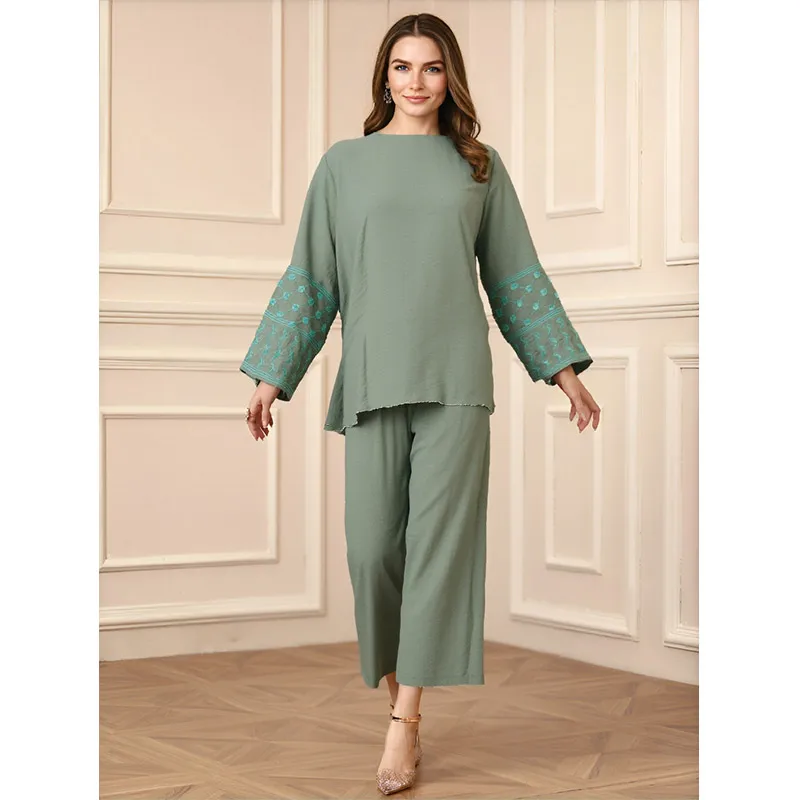 New Embroidery Abaya Manufacturer Wholesale New Arrival 2 Piece Set Islamic Clothing Muslim Abaya Dubai Top and Pants Set details