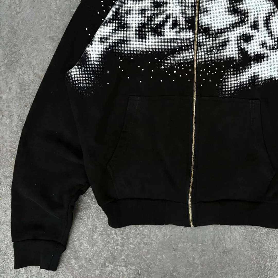 product wholesale mens gradient halftone rhinestone zip hoodie vintage loose red black street zip hoodiesmall moq custom-6