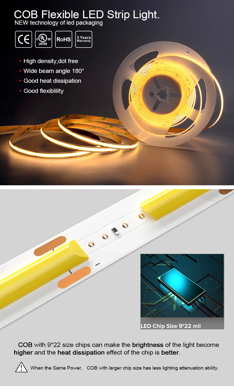 Coxo Cob Led Strip Light 12v 24v 480led Ce Rohs 3 Years Warranty