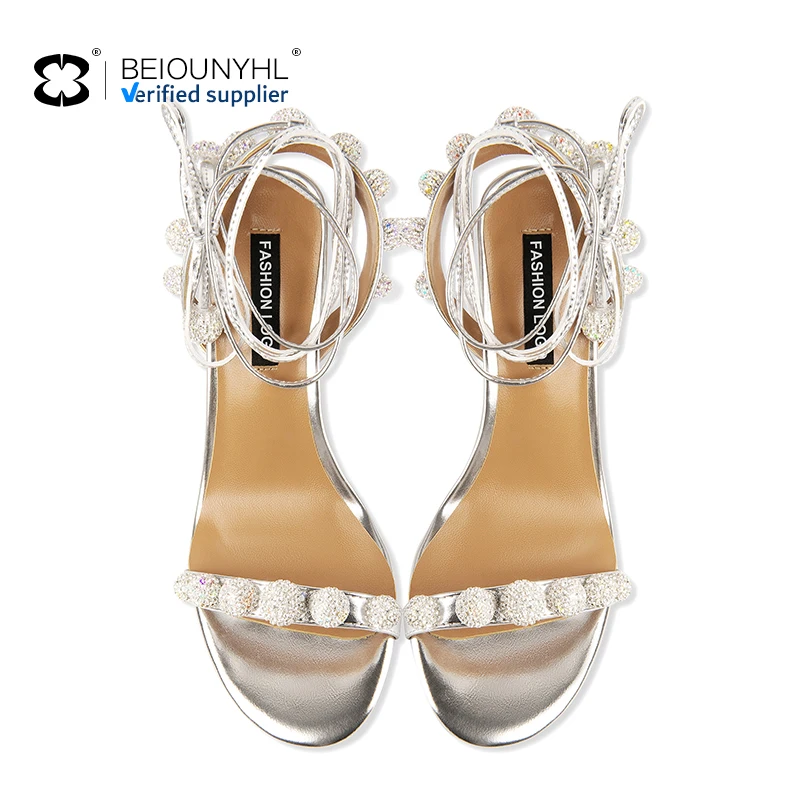 Sexy Elegant And Luxury Silver Ball Sandals Custom Logo Plus Rhinestones Diamond Sandals Party Wedding High Middle Heel Sandals