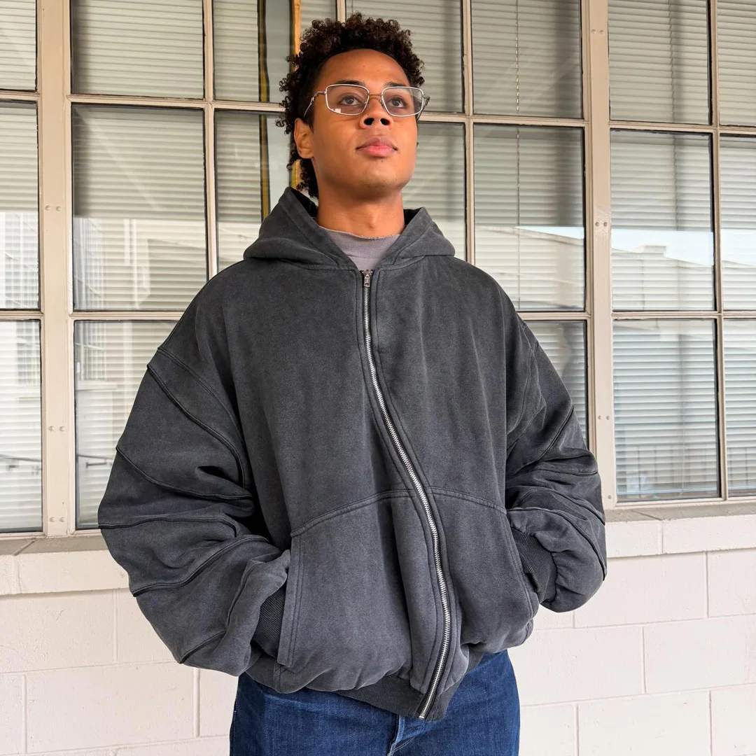 product custom vintage washed grey zip up men hoodie with cut panel topstitching eyelet hollow out detail streetwear odm oem private-4