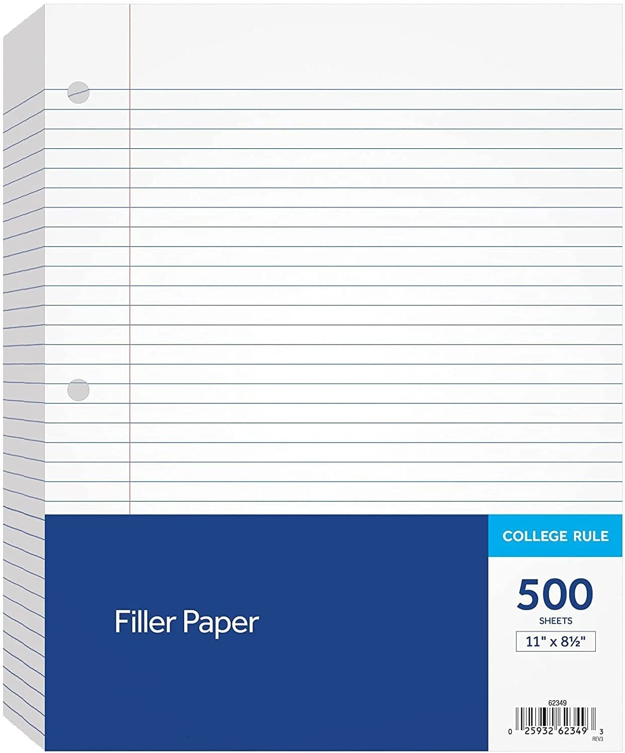 ,White 3-Hole Punched Loose-Leaf Paper for 3-Ring Binders 8-1/2 x 11 500 Sheets Per Pack 62349 Filler Paper College Rule 1 Pack 