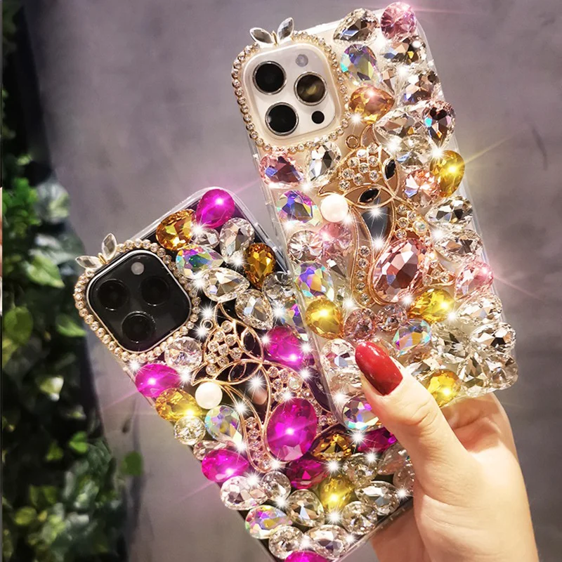 Luxury Rhinestone Case Phone Shell For iPhone 15 Pro Max Glitter Women Girl Bling Diamond Phone Cover For Samsung Note20 A73 A54