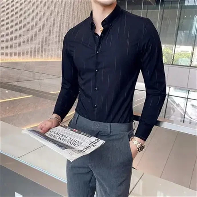 Spring and autumn men's long-sleeved shirt in young people's casual fashion long lining breathable striped shirt men's tops