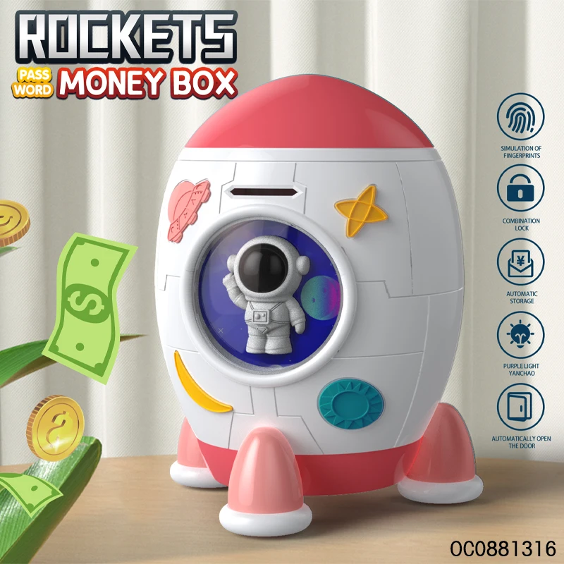 Fingerprint sensor electric piggy bank money saving box rocket for kids