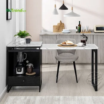 Faux Marble Modern Storage Microwave Stand Cabinet Black Wood Small Apartment Extendable Kitchen Island Work Dining Table