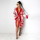 Sleepwear Sexy Womens Cardigans Casual Nightclub Pattern Printing Tie Deep V Sleepwear Nightgown Sexy Pajama Set