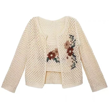 Women Long Sleeve Blouse Set Embroidered Floral Hollow Out Blouse +Lady Summer Knitted Camisole Vest Casual Crochet Cardigan Set