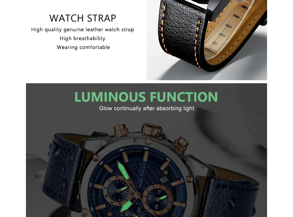Mini Focus 0161 Leather Chronograph Quartz Watch Luminous Waterproof