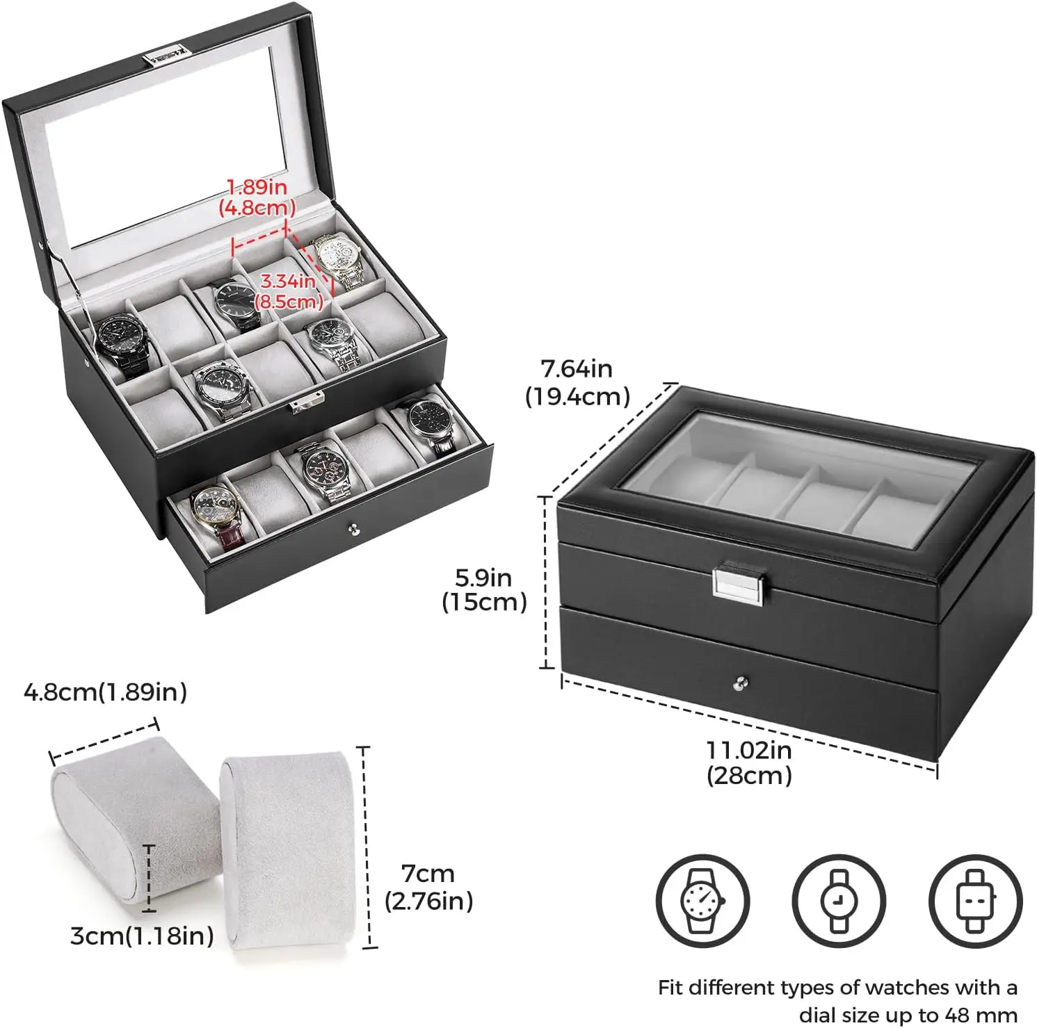 Custom 20 slot watch display case mens watch box organizer wrist watch display organizer storage box with glass lid