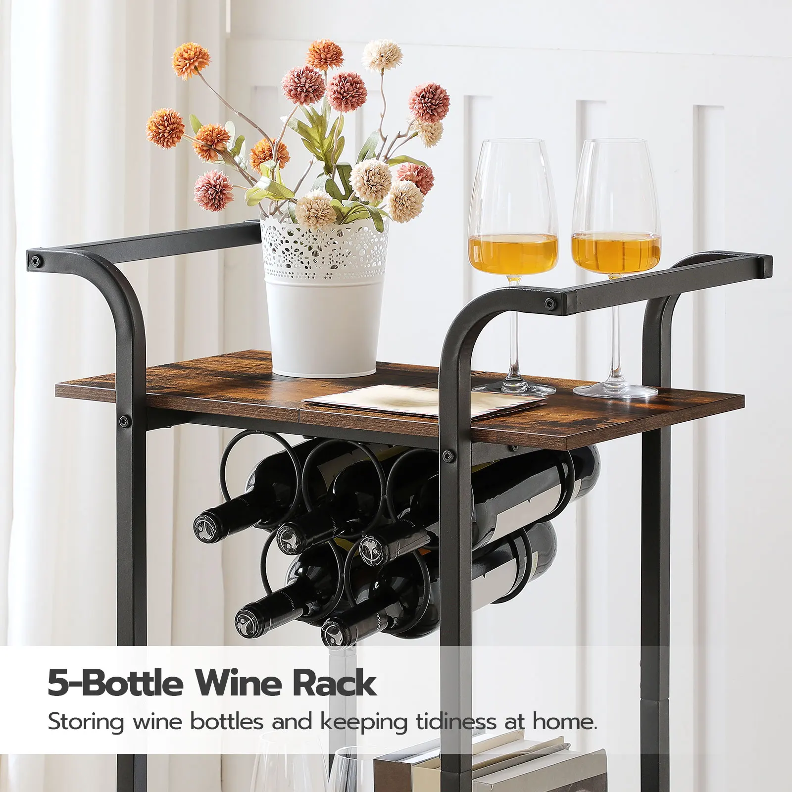 Wholesale Industrial Style Metal Bar Cart Kitchen Home Rolling Trolley Bar Serving Cart Kitchen Trolley on Wheels with Wine Rack