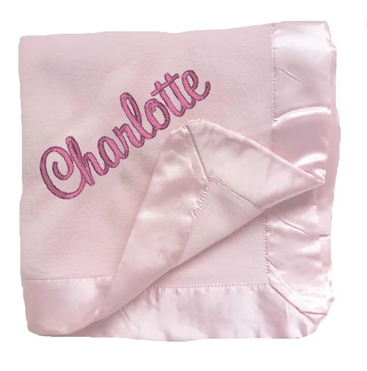 Personalized embroidery name 100% polyester super soft minky microfiber flannel coral fleece custom name baby blanket with satin