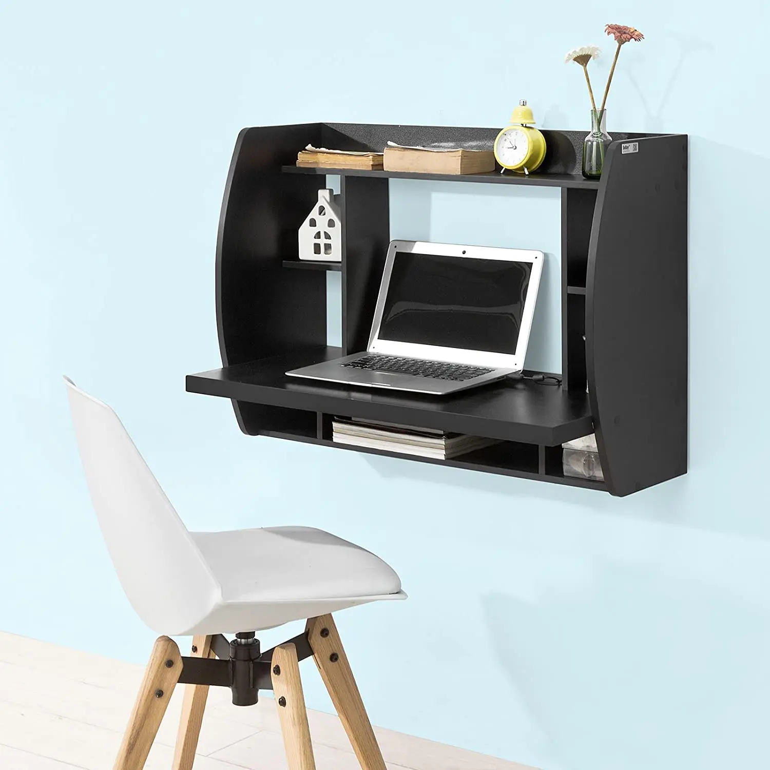 Floating simple design workstation computer desk with storage shelves for home and office furniture