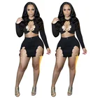 A6658 2021 Ladies Long Sleeve Hollow Out 2-way Sexy 2 Piece Dress Skirt And Crop Top Set