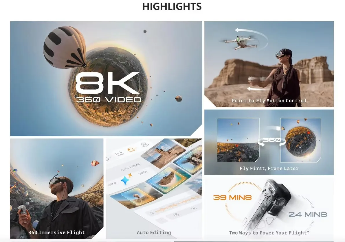 Insta360 Antigravity A1 8K Camera Drone Hovering Foldable Design 1KM Transmission 6-Axis Gyro Brushless Motor