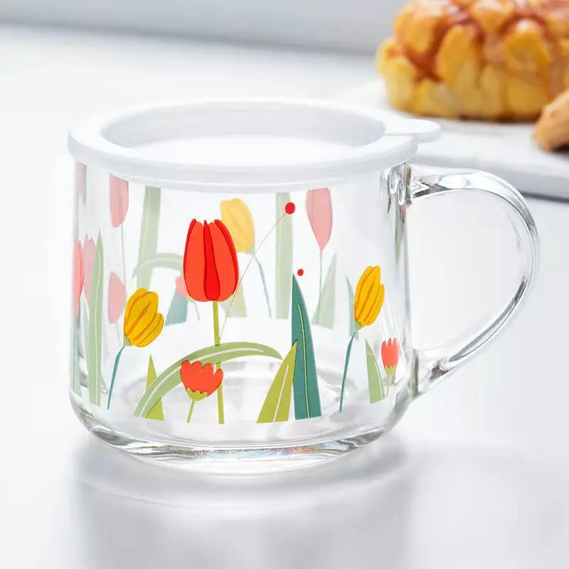 Mother's  Day Gift Promotion Wholesale Tulip Design Decal Printing Glass Mug Water Coffee Juice Drinking Glass Mug with Handle