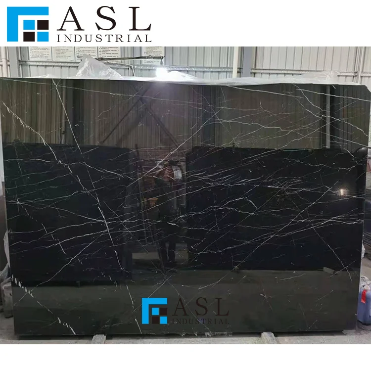 Polished natural white veins glossy black floor tiles design bathroom stone slab Chinese floor nero Margiua tiles and pure blac