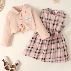 1-6 Years Little Girl Sleeveless Plaid Dress+Solid Long Sleeve Top 2Pcs Girl Clothes Suit Costume Kids Girl Spring Casual Skirt