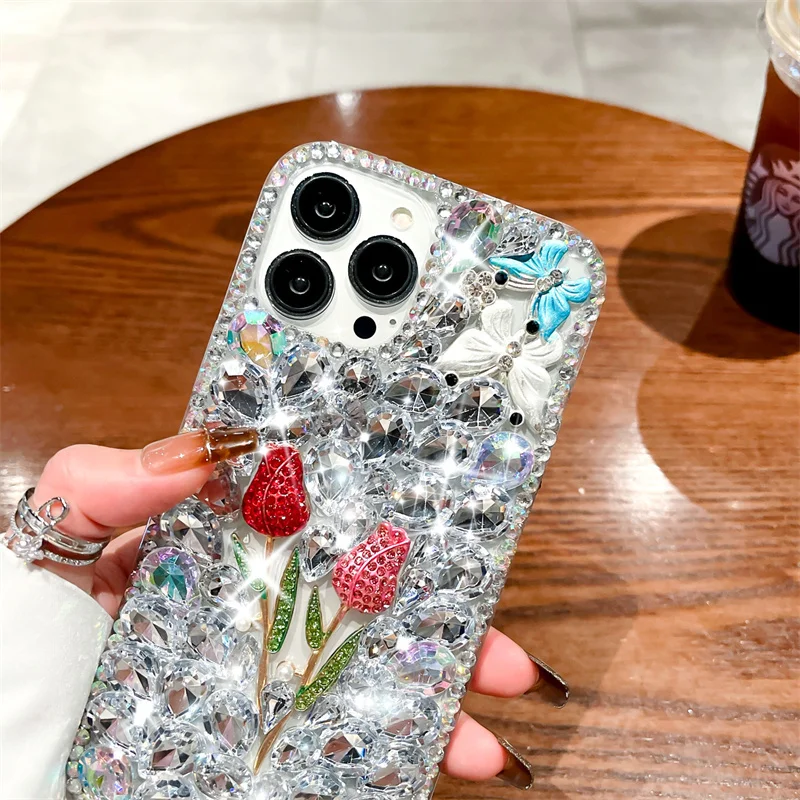 Luxury Glitter Rhinestones Rose Butterfly Phone Case For iPhone 15 14 13 Pro Max Bling Shiny Diamond Cover For Samsung S24 A24