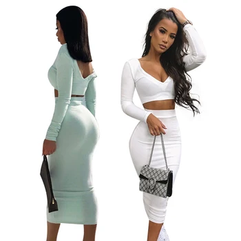 Autumn Women Ribbed Suit Ladies V-neck Long Sleeve Bodycon Two Piece Set Party Club Long White Casual Ribbed Dress