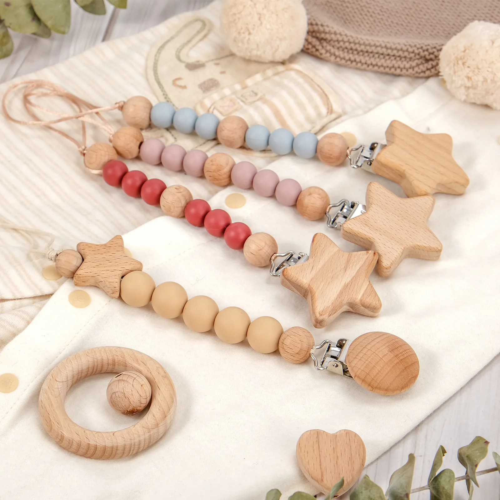 Wooden Silicone Pacifier Clips Holders Paci Clip Teething Relief with Neutral Baby Binky Holder Baby Shower and Gift