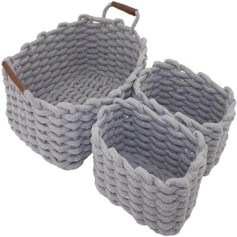 Handmade S/3 Modern Style Cotton Rope Blanket Decorative Woven Organization Storage Crochet Basket