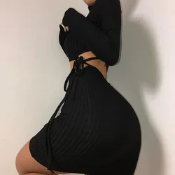 In stock casual women sexy bodycon hollow out 2 piece set dress crop top long sleeve knit turtleneck two piece set dresses