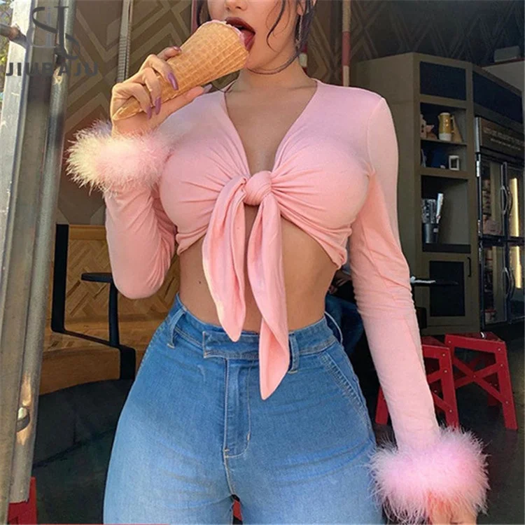 2023 Long Sleeve Fur V-Neck Wrapped Bandage Sexy Crop Tops Autumn Winter Women Streetwear Club Party Outfits T-Shirts