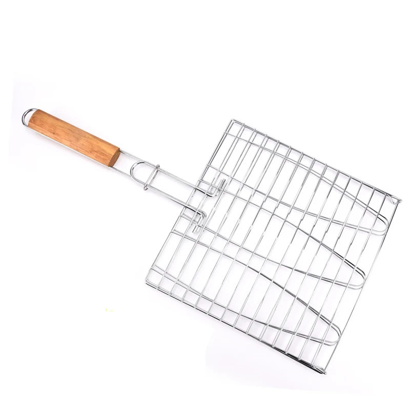 Customized Stainless Steel Triple Fish Grill Basket With Wood Handle